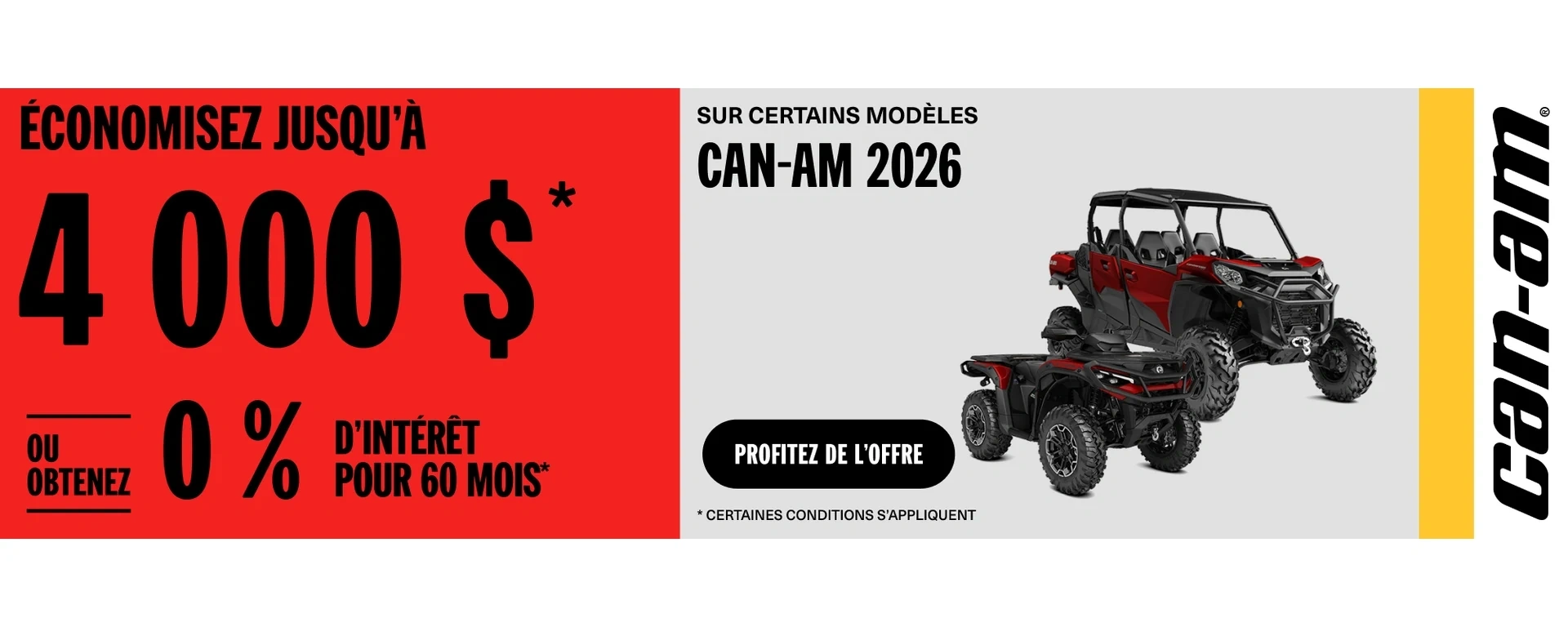 Tests David - Économisez jusqu’à 4 000 $ ou obtenez 0% d’intérêt pour 60 mois sur certains modèles Can-Am 2026