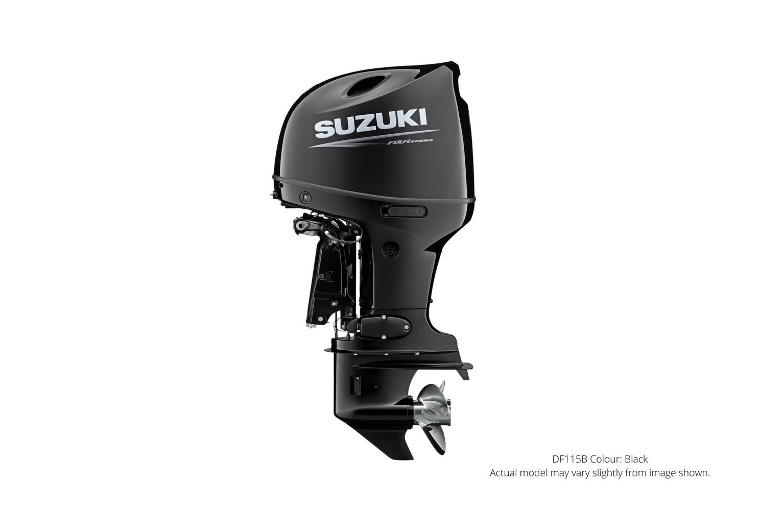 Suzuki DF115B Noir, électrique, longueur de l’arbre de 25 « inclinaison et garniture de puissance à distance 2022