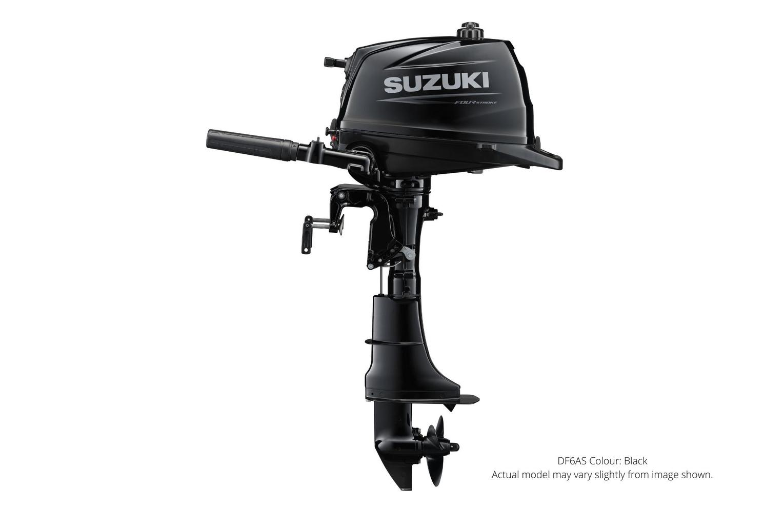 2023 Suzuki DF6A Black, Manual Start, 15″ Shaft Length, Tiller Manual Trim