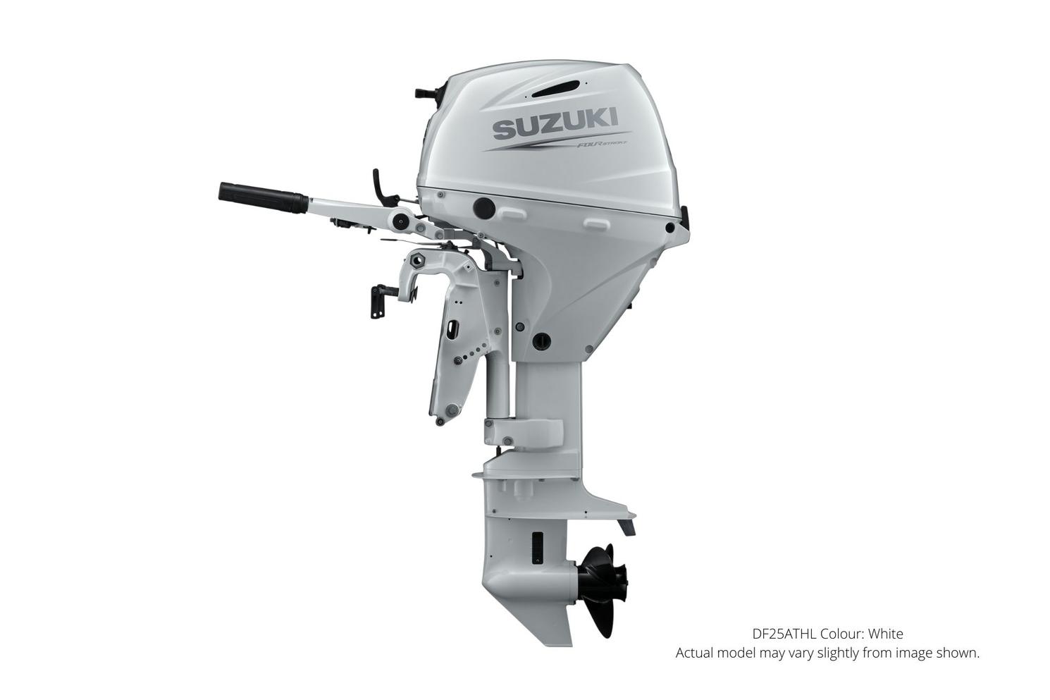 Suzuki DF25A Blanc, Électrique, 15" Longueur de l’arbre, Tiller, Puissance Inclinaison et garniture 2023