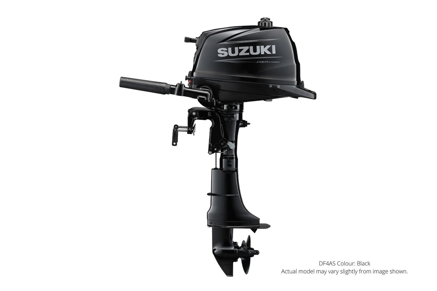 2023 Suzuki DF4A Black, Manual, 15″ Shaft Length, Tiller Manual Trim