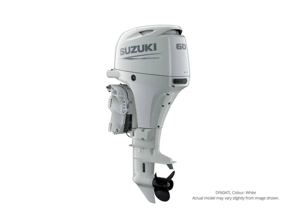 Suzuki DF60A Blanc, Électrique, 20″ Longueur de l’arbre, Alimentation à distance Inclinaison et garniture 2024