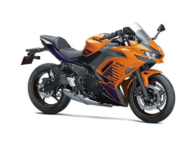 Kawasaki NINJA 650 Orange Fournaise en Acier Bonbon / Noir Étincelle Métallisé / Violet Royal Mét 2025