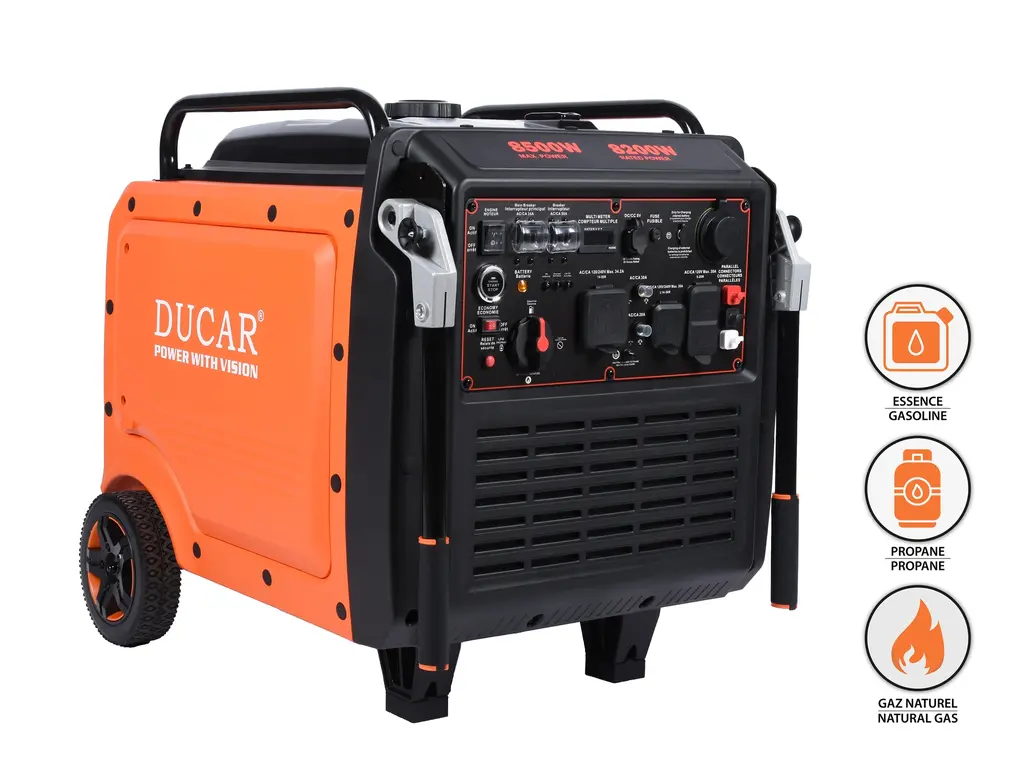 Ducar Génératrices Génératrice à onduleur 8500W, 16 CV, démarreur à distance, tri-carburant (propane / essence / gaz naturel) 2026
