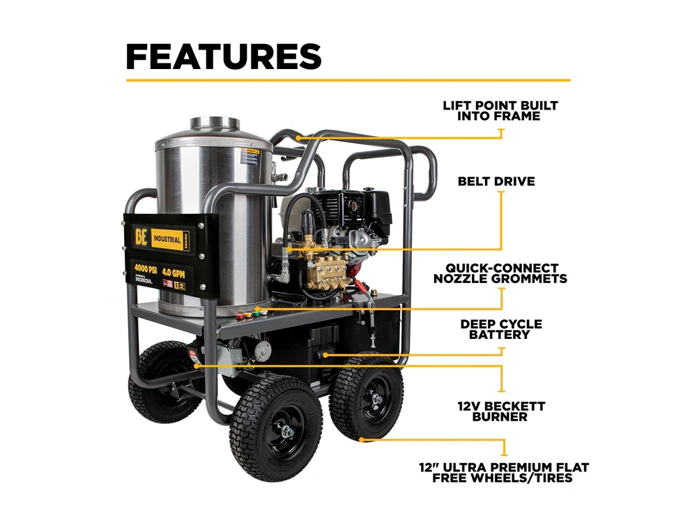2026 BePower HW4013HBG 4,000 PSI - 4.0 GPM Hot Water Pressure Washer with Honda GX390 Engine and Belt Driven General Triplex Pump - HW4013HBG alt