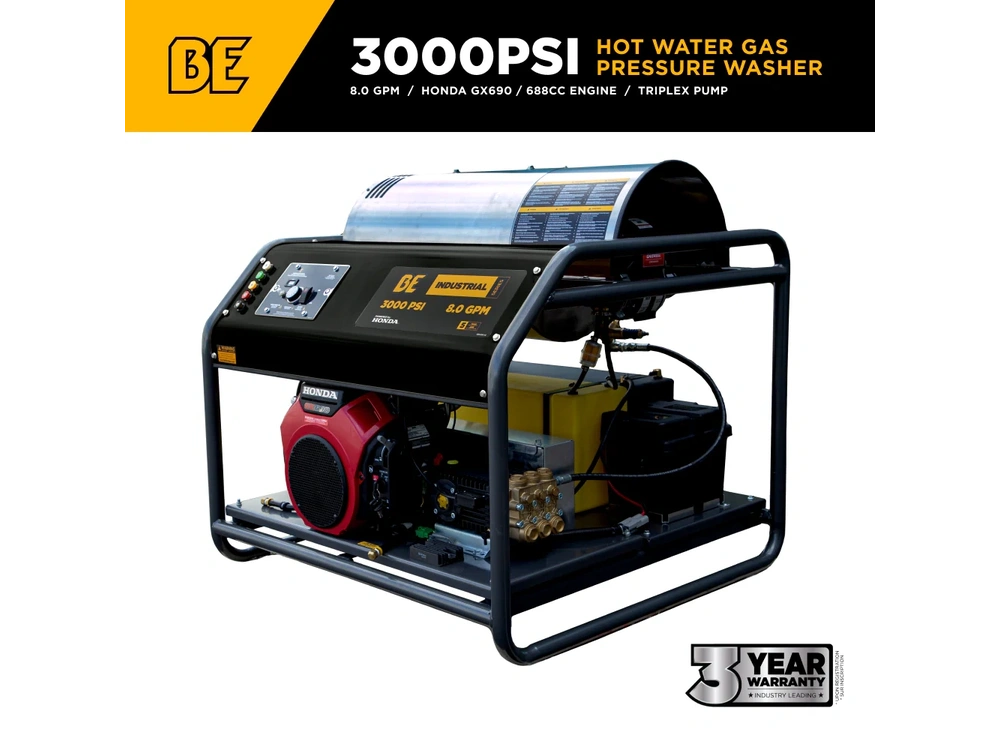 2026 BePower HW3024HG12V 3,000 PSI 8.0GPM Hot Water Pressure Washer with Honda GX690 Engine and General Triplex Pump - HW3024HG12V alt