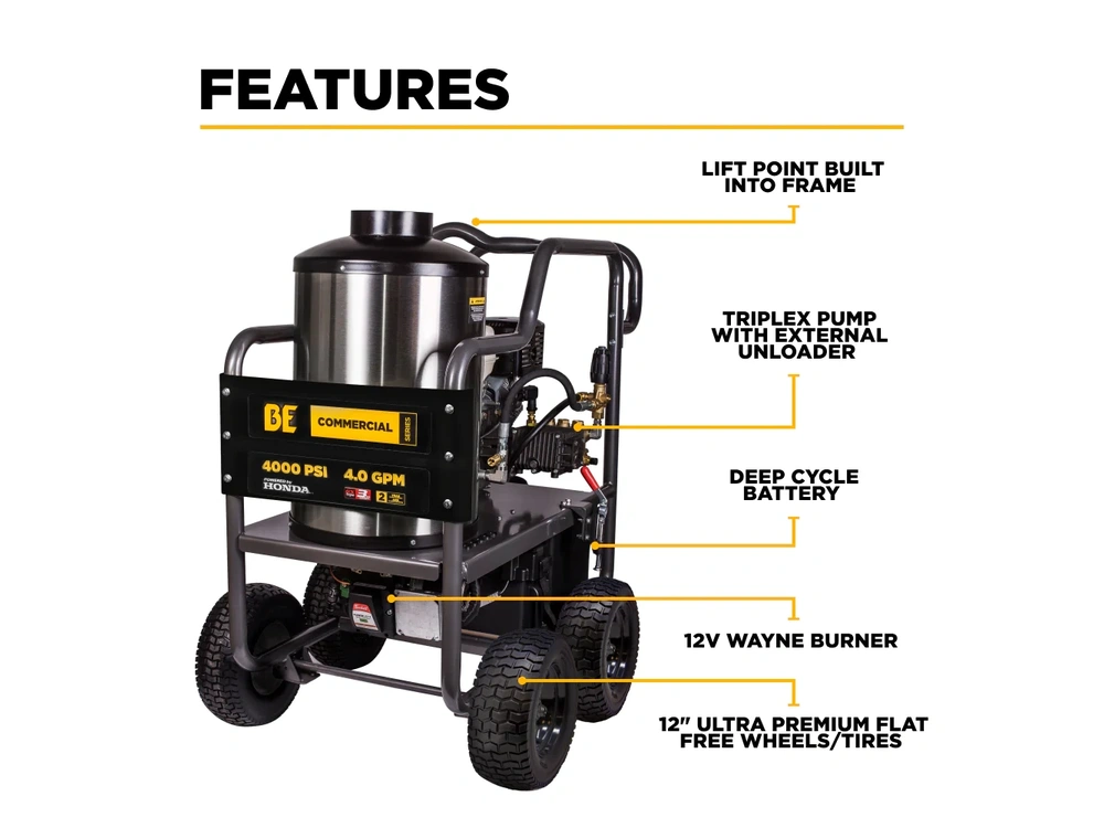 2026 BePower HW4013HG 4,000 PSI - 4.2 GPM Hot Water Pressure Washer with Honda GX390 Engine and General Triplex Pump - HW4013HG alt