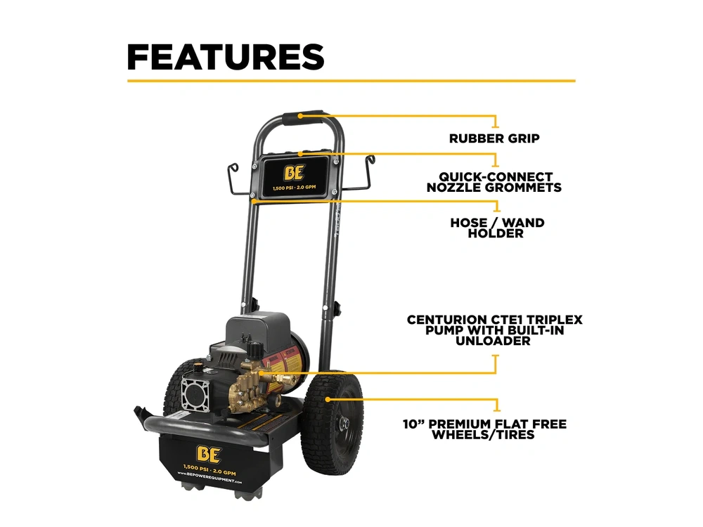 2026 BePower PE-1520EW1A 1,500 PSI 2.0 GPM Electric Pressure Washer with Baldor Motor and AR Triplex Pump - PE-1520EW1A alt