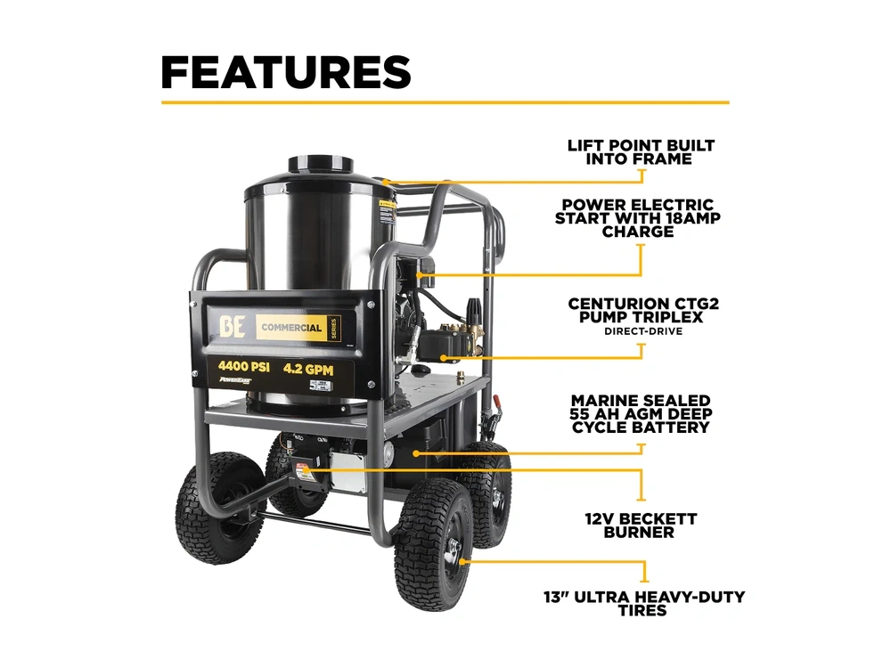 2026 BePower HW4415PA 4,400 PSI - 4.2 GPM Hot Water Pressure Washer with Powerease 420 Engine and CP Triplex Pump - HW4415PA alt