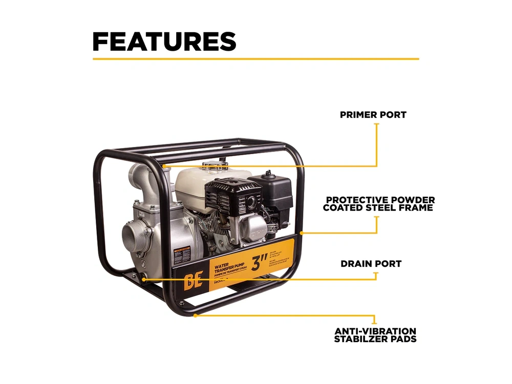 2026 BePower WP-3065HL 3" Water Transfer Pump with Honda GX200 Engine alt