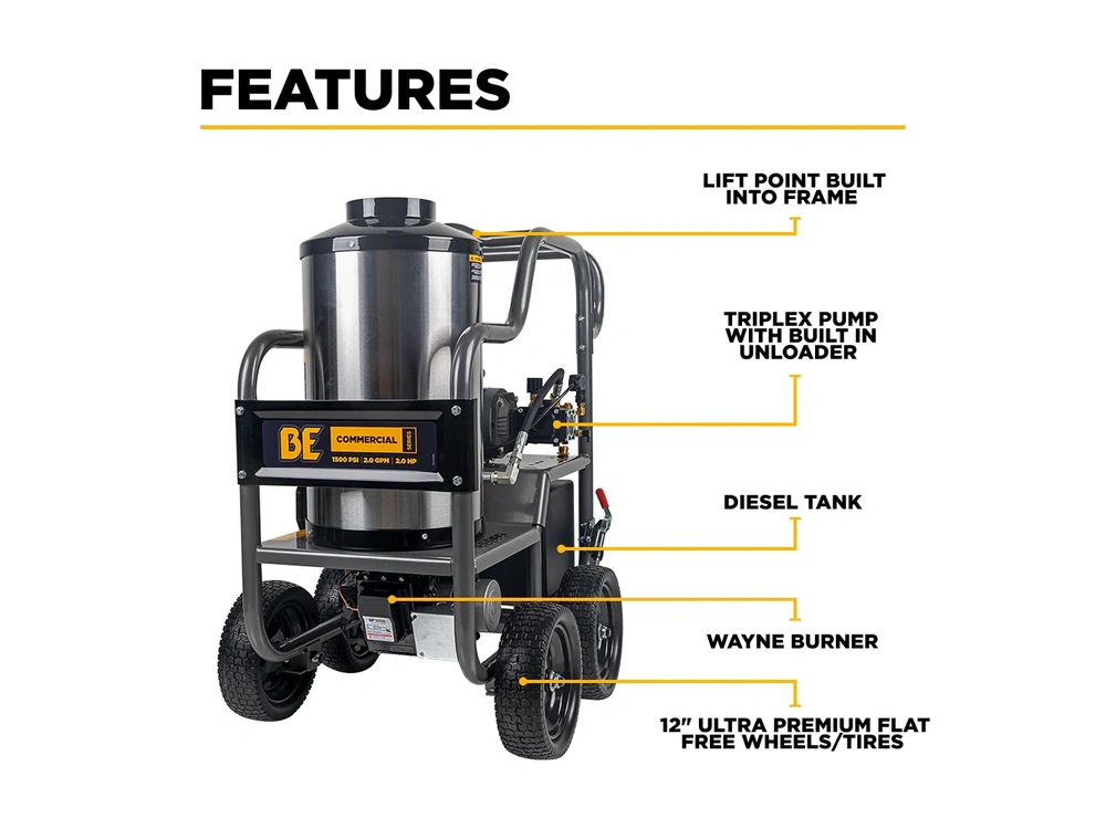 2026 BePower HW152EA 1,500 PSI 2.0 GPM Hot Water Pressure Washer with TechTop Motor and CP Triplex Pump - HW152EA alt