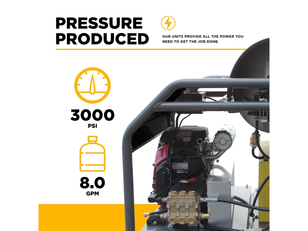 2026 BePower HW3024HG12V 3,000 PSI 8.0GPM Hot Water Pressure Washer with Honda GX690 Engine and General Triplex Pump - HW3024HG12V alt