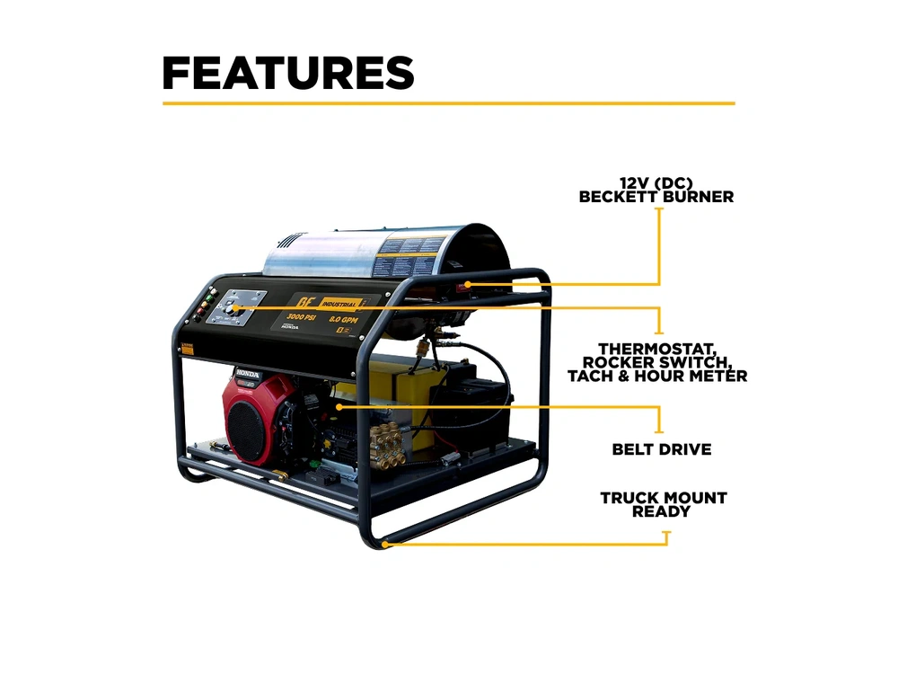 2026 BePower HW3024HG12V 3,000 PSI 8.0GPM Hot Water Pressure Washer with Honda GX690 Engine and General Triplex Pump - HW3024HG12V alt