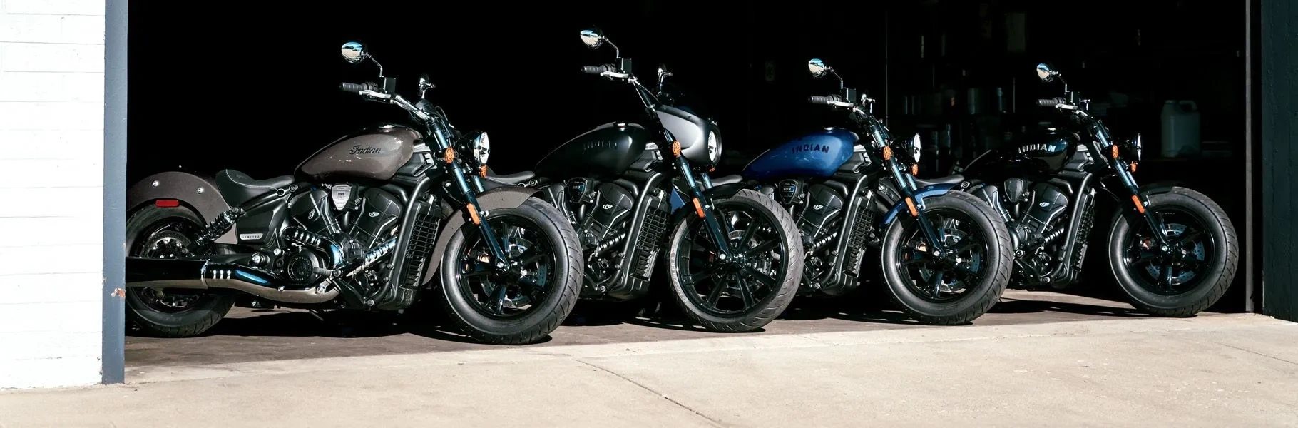Row of Indian motorcycles parked in the storage facility, ready for secure winter storage in Sherbrooke.