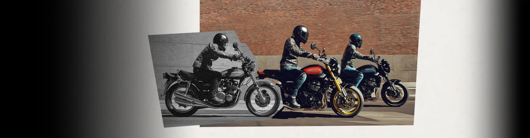 Motocyclistes Kawasaki illustrant l’ADN sportif et la performance de la marque.