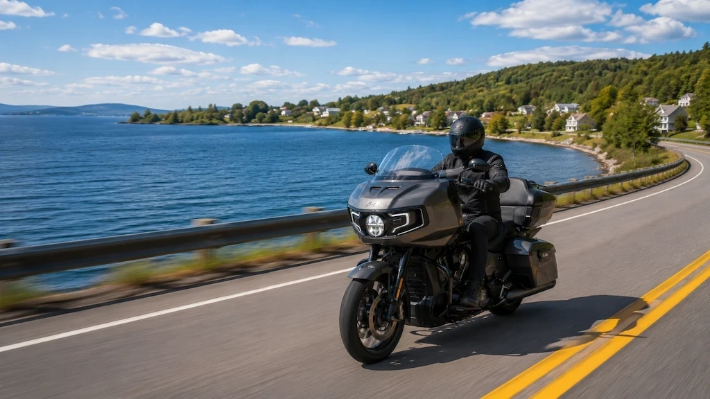 Motocycliste sur une route panoramique autour du lac Saint-Jean.