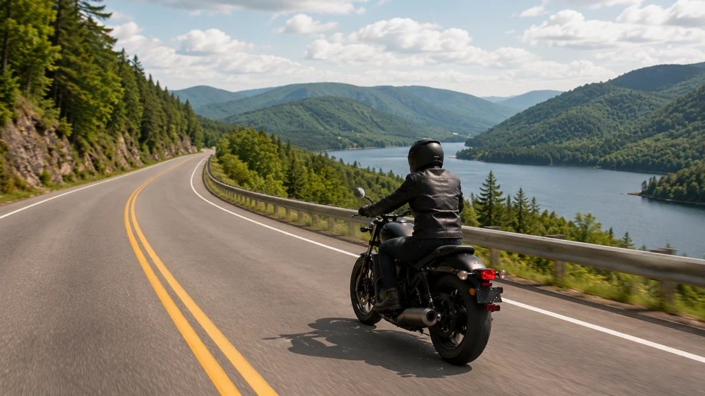 Motocycliste sur une route nature de l’Outaouais avec vue sur les lacs.