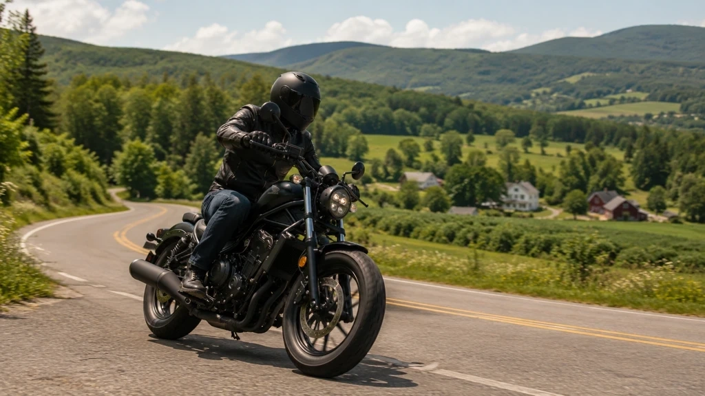 Motocycliste sur une route sinueuse de l’Estrie, entourée de collines.
