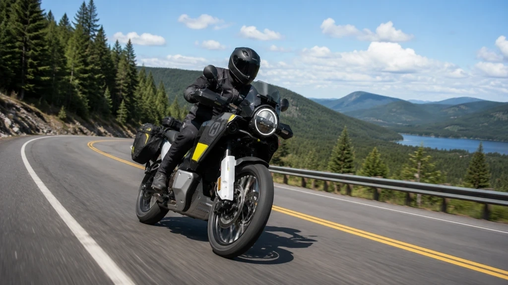 Motocycliste sur une route sinueuse des Laurentides avec vue sur les montagnes.