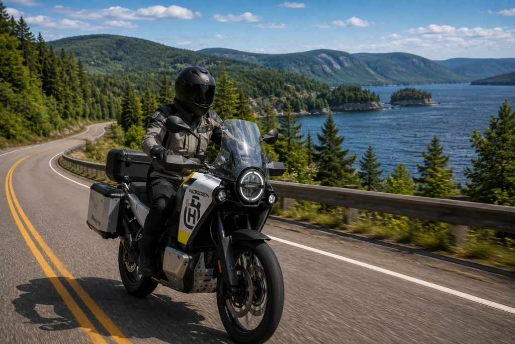 Motocycliste dans un paysage naturel rappelant la Mauricie et ses routes panoramiques.