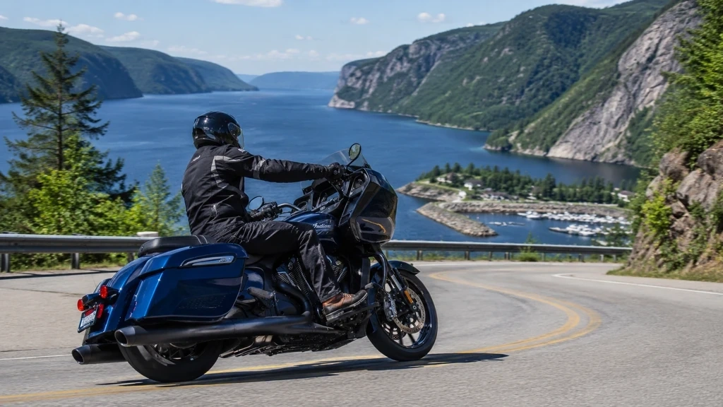 Moto de tourisme sur la route du Fjord du Saguenay avec vue sur l’eau.