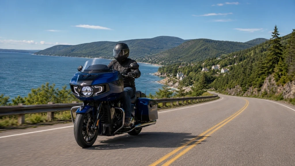 Moto de tourisme sur une route panoramique du Bas-Saint-Laurent.