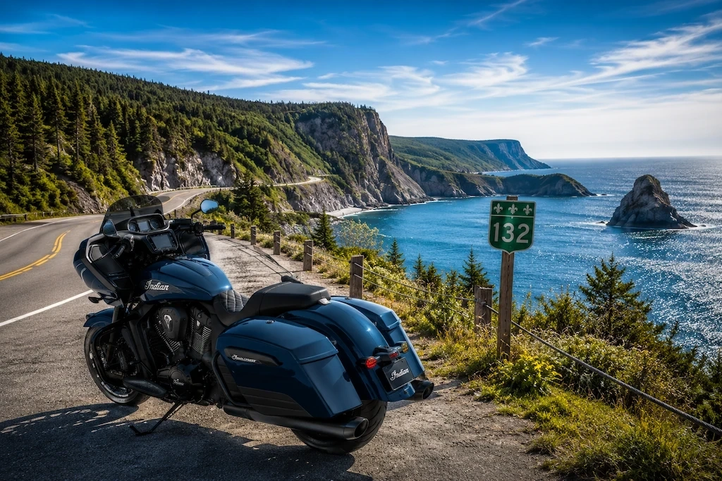 Moto de tourisme sur la route 132 en Gaspésie, au bord du fleuve.