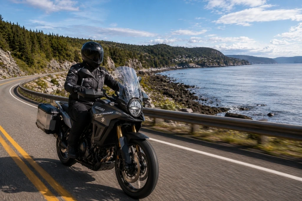 Moto d’aventure sur la route 138 de la Côte-Nord, près du fleuve.