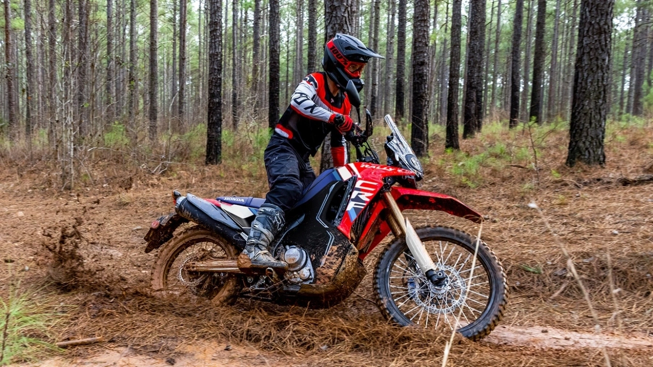 moto double-usage Honda sur un sentier en forêt