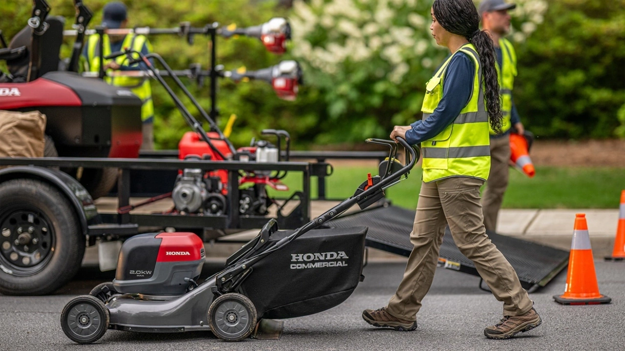 paysagiste qui pousse une tondeuse Honda
