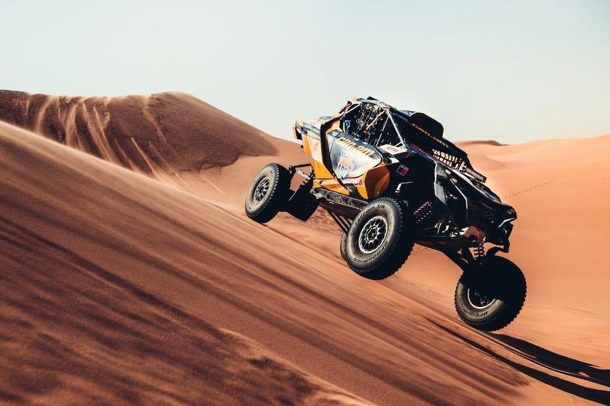 Francisco "Chaleco" Lopez's Can-Am Maverick R cresting a dune during his Stage 9 win at the 2026 Dakar Rally
