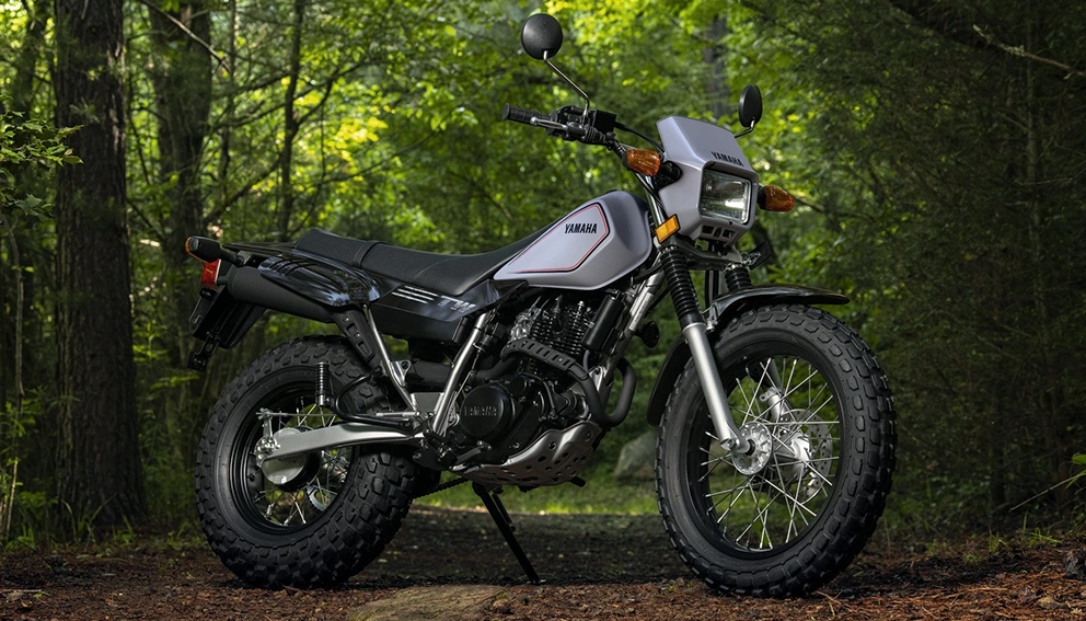 Vue latérale de la Yamaha TW200 en arrêt sur chemin en forêt