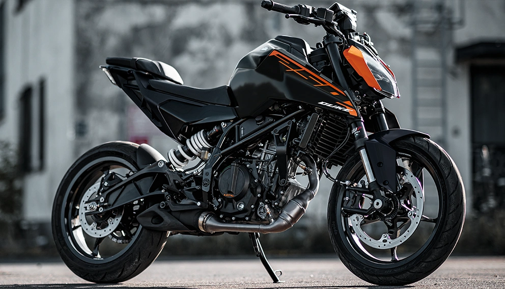 View of the KTM Duke 250 parked on the side of the road