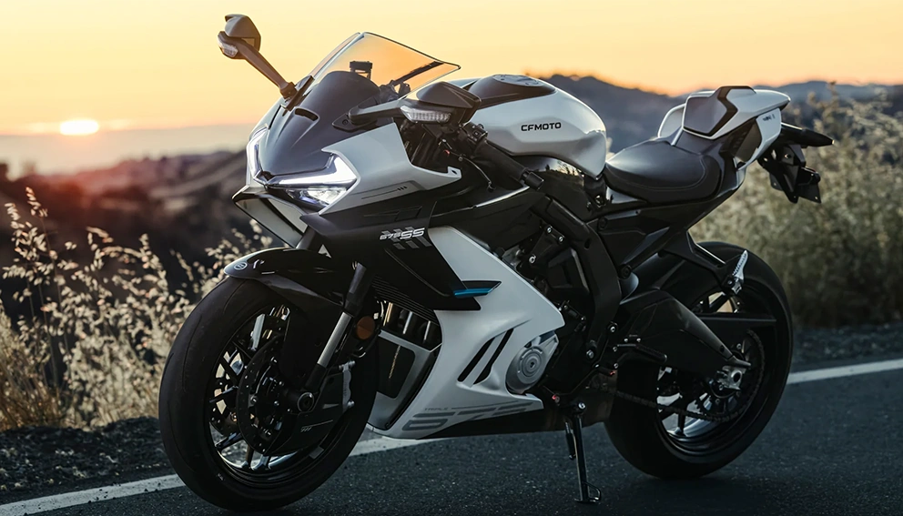 View of the 2026 CFMOTO 675SS on the side of the road at sunset