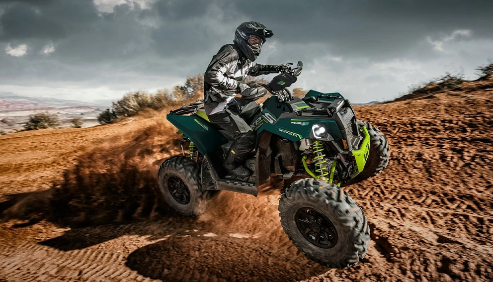 View of the Polaris Scrambler XP 1000 S on a sand dune