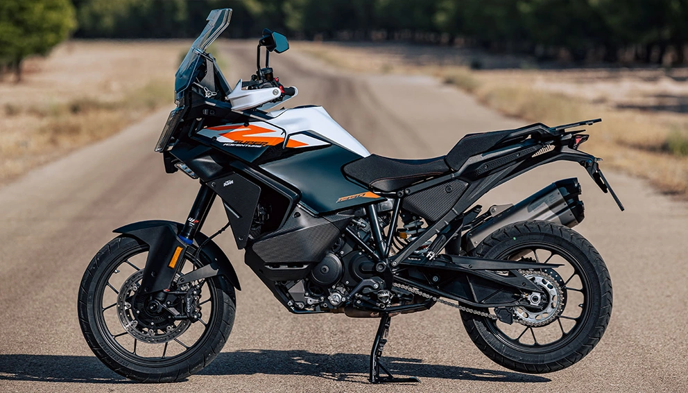 View of the KTM Super Adventure S EVO 1390 parked on the side of the road