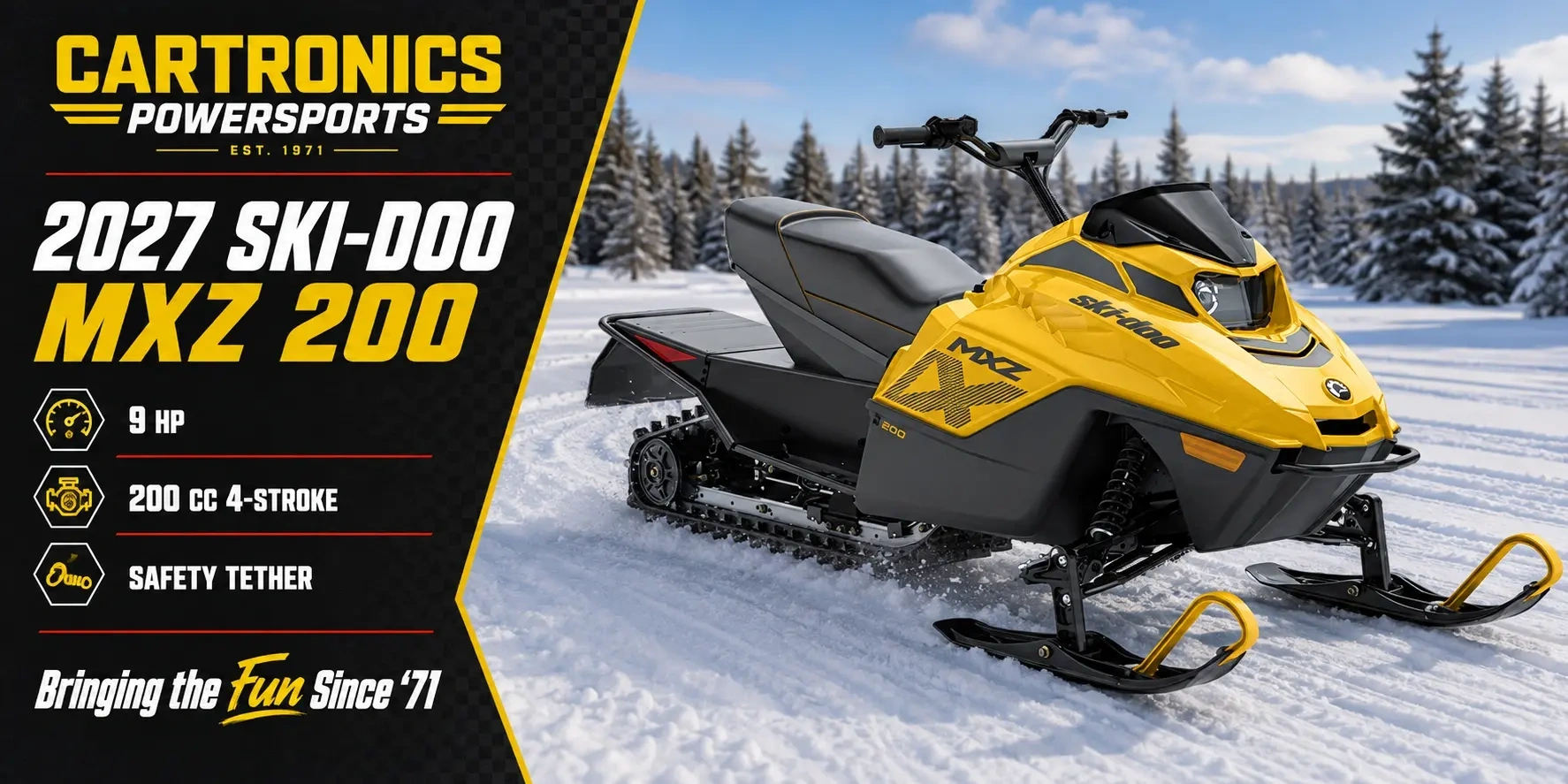 Neo Yellow 2027 Ski-Doo MXZ 200 youth snowmobile available at Cartronics Powersports in Kingston, Ontario