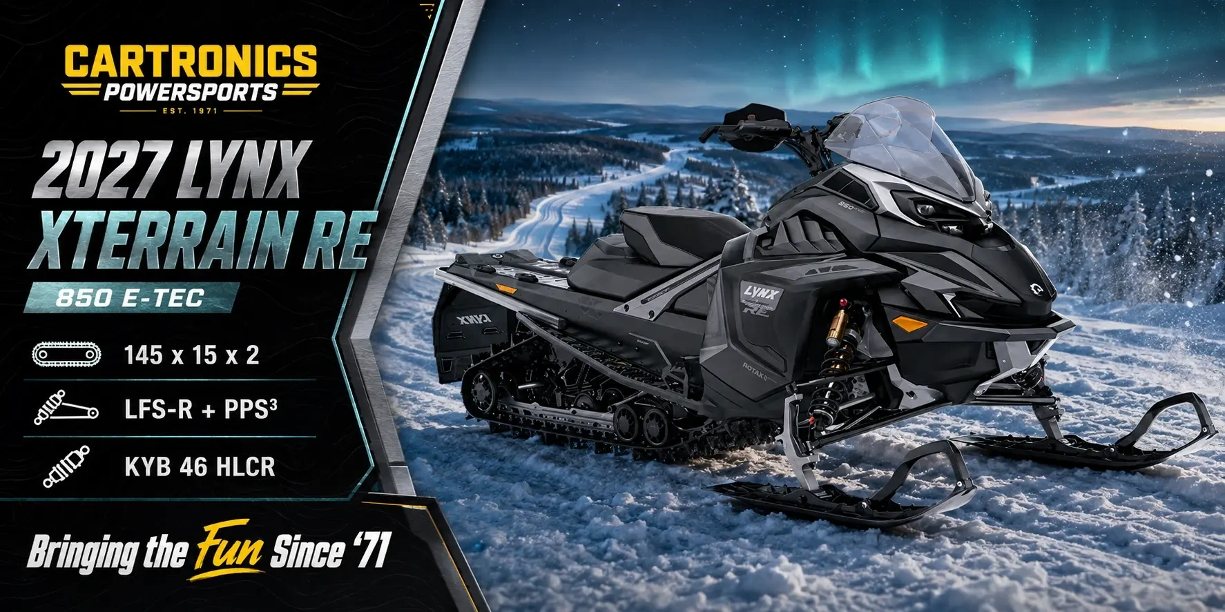 Black 2027 Lynx Xterrain RE crossover snowmobile with Rotax 850 E-TEC at Cartronics Powersports in Kingston, Ontario