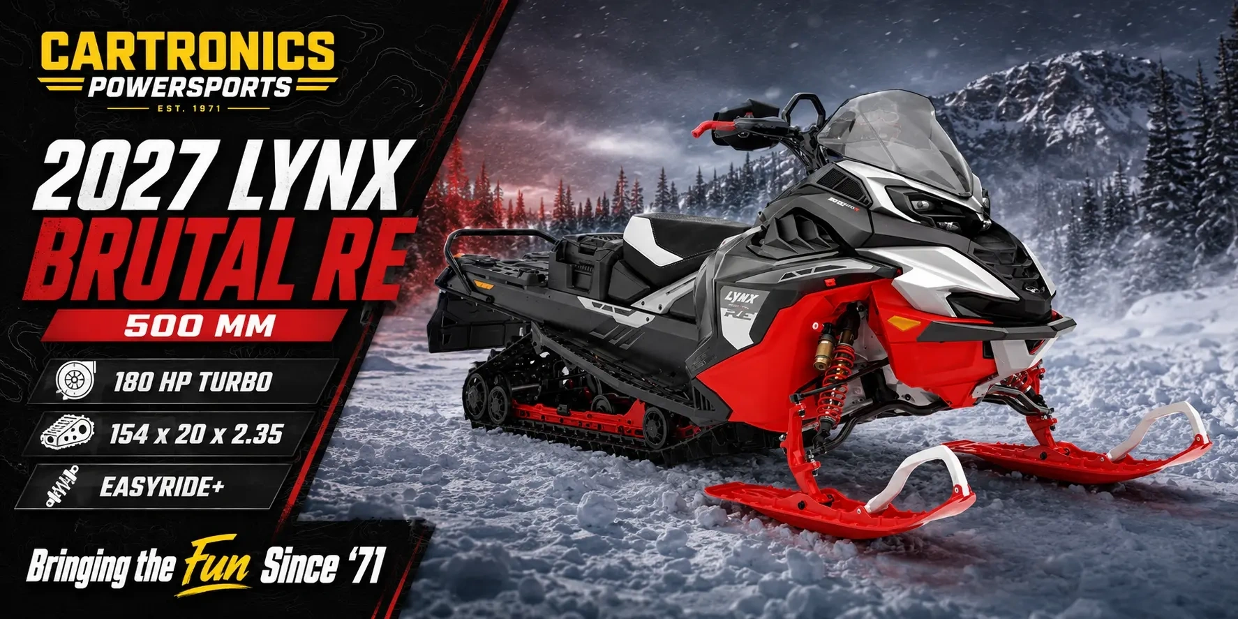 Viper Red and Black 2027 Lynx Brutal RE 500 mm snowmobile with Rotax 900 ACE Turbo R at Cartronics Powersports in Kingston, Ontario
