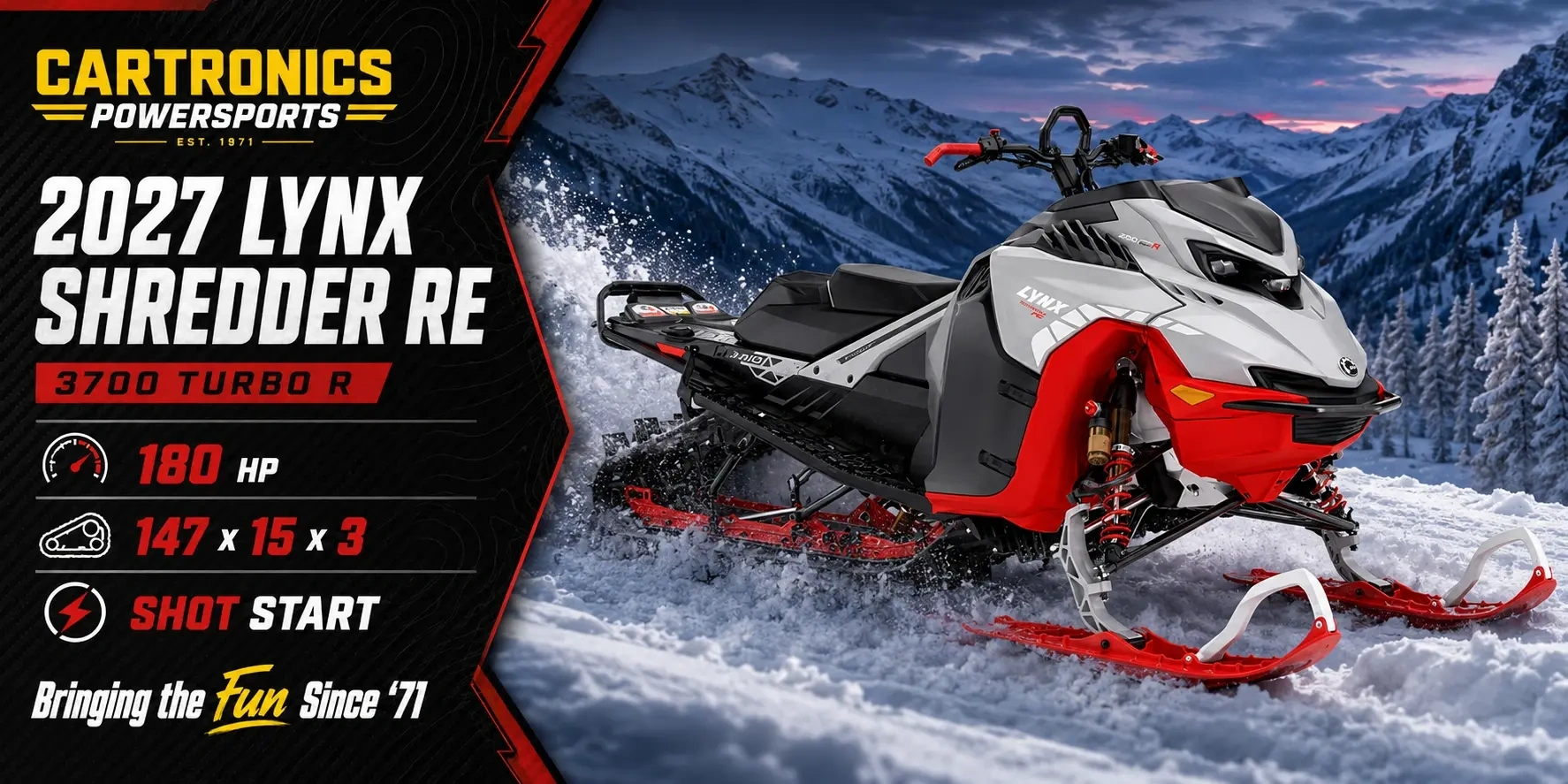 Hyper Silver and Viper Red 2027 Lynx Shredder RE 3700 with Rotax 850 E-TEC Turbo R at Cartronics Powersports in Kingston, Ontario