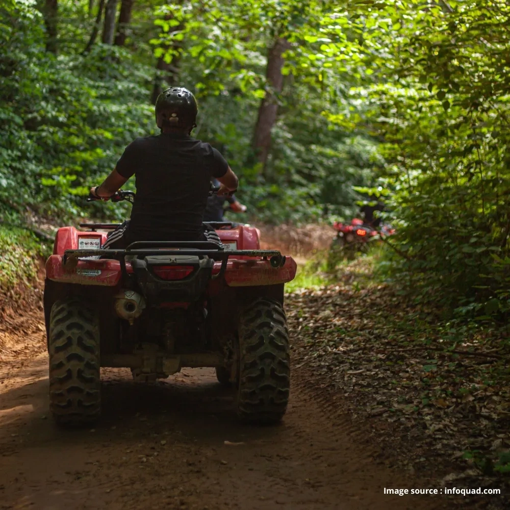 VTT en conduite sur un sentier forestier dans les Hautes-Laurentides.