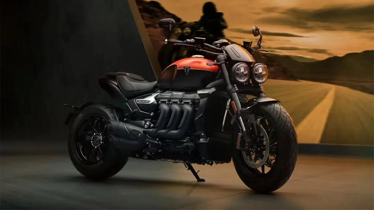 Triumph Rocket 3 Storm cruiser motorcycle with massive triple exhaust headers