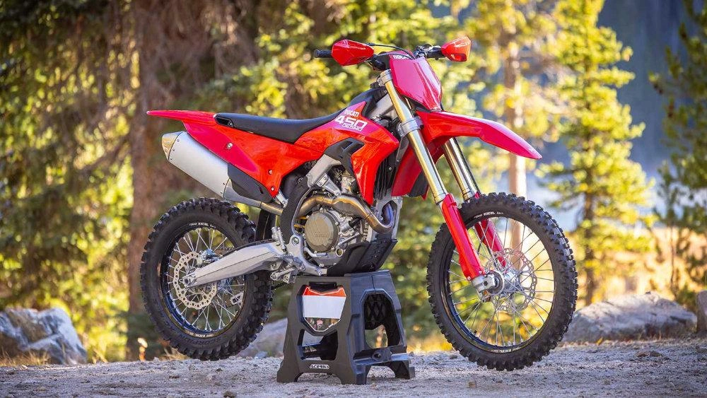 Ducati Desmo450 MX motocross motorcycle in action on a dirt track