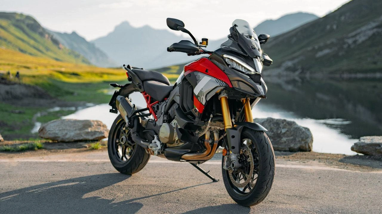 High-performance Ducati Multistrada V4 Pikes Peak motorcycle profile