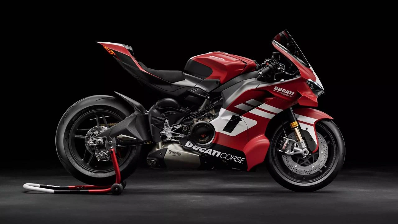 Close-up profile of the ultra-light Ducati Superleggera V4 sport bike