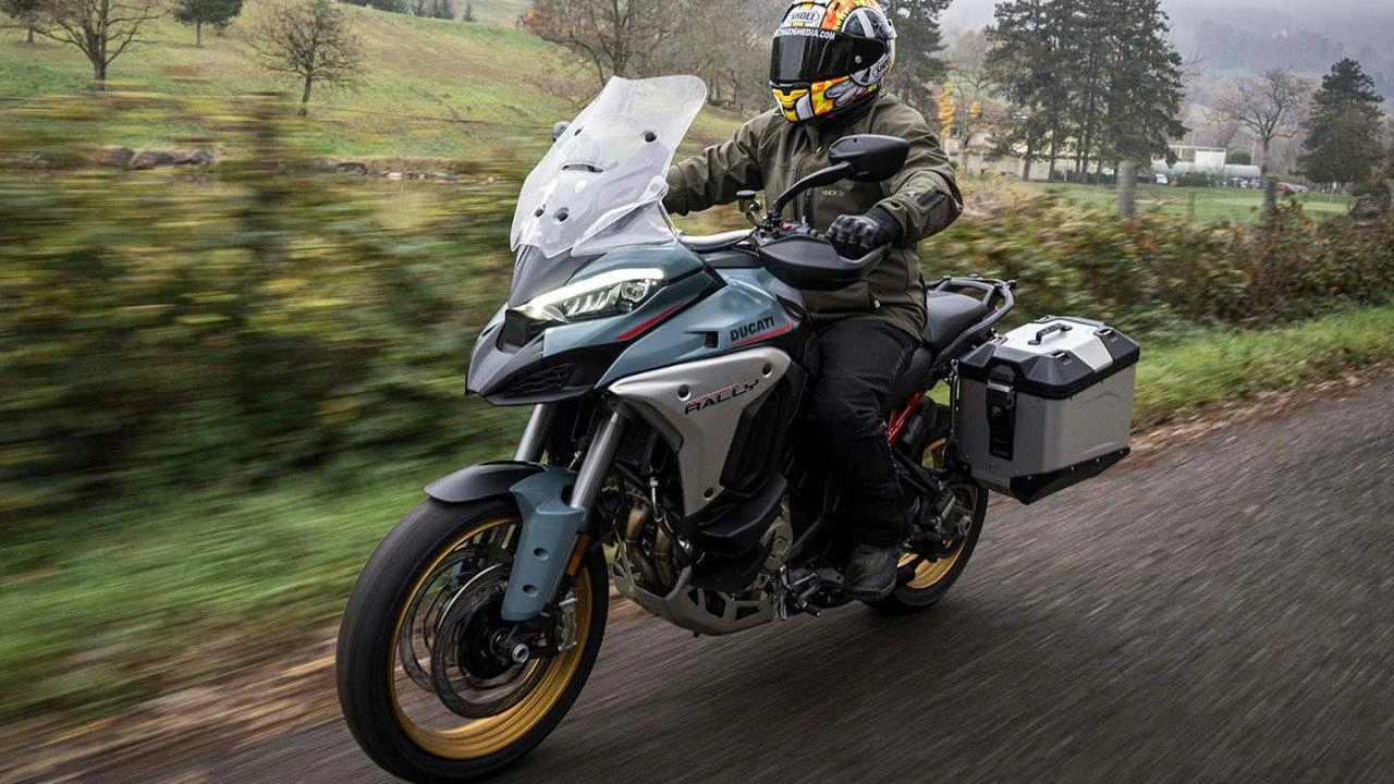 Ducati Multistrada V4 S touring motorcycle in motion on a paved road