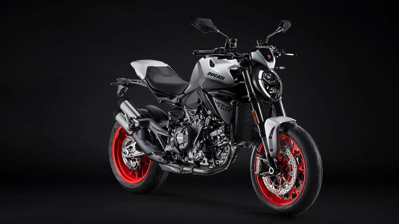 Side view of a Ducati Monster roadster motorcycle