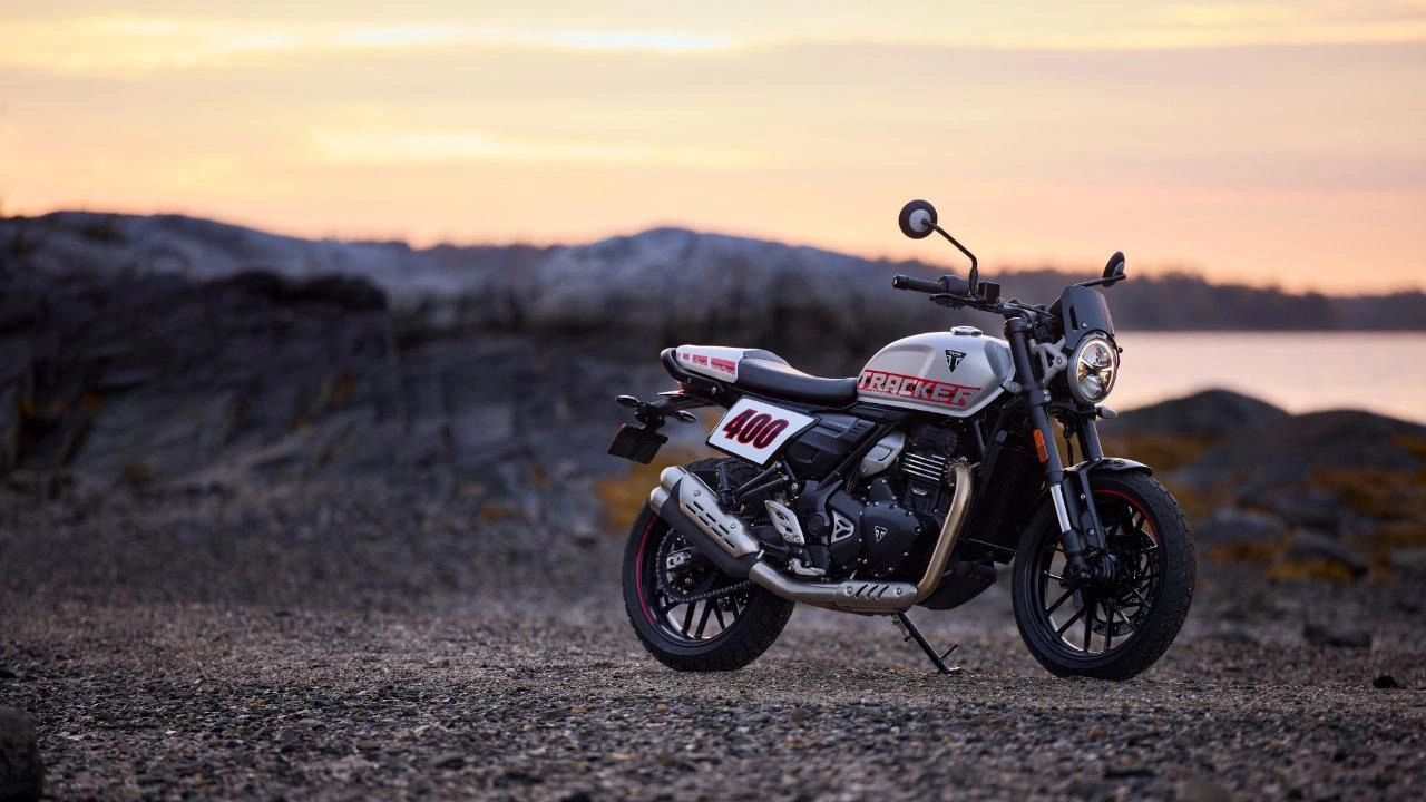 Triumph Tracker 400 motorcycle with flat track styling and upright riding position