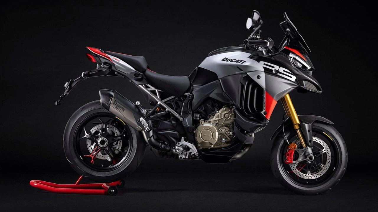 Three-quarter front view of a Ducati Multistrada V4 S sport-touring motorcycle