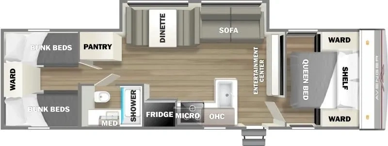 Plan de la roulotte Avenger 28QBS montrant les lits superposés, la chambre principale avec lit Queen et les espaces de vie bien répartis.